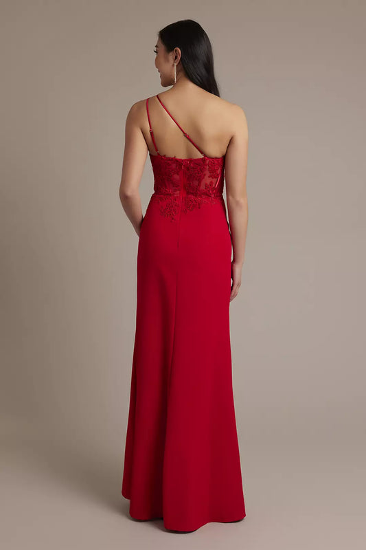 Glamorous Sheath One-Shoulder Sleeveless Lace Back Zip Floor-Length Side Leg Slit  Prom Dresses with Beaded Appliques