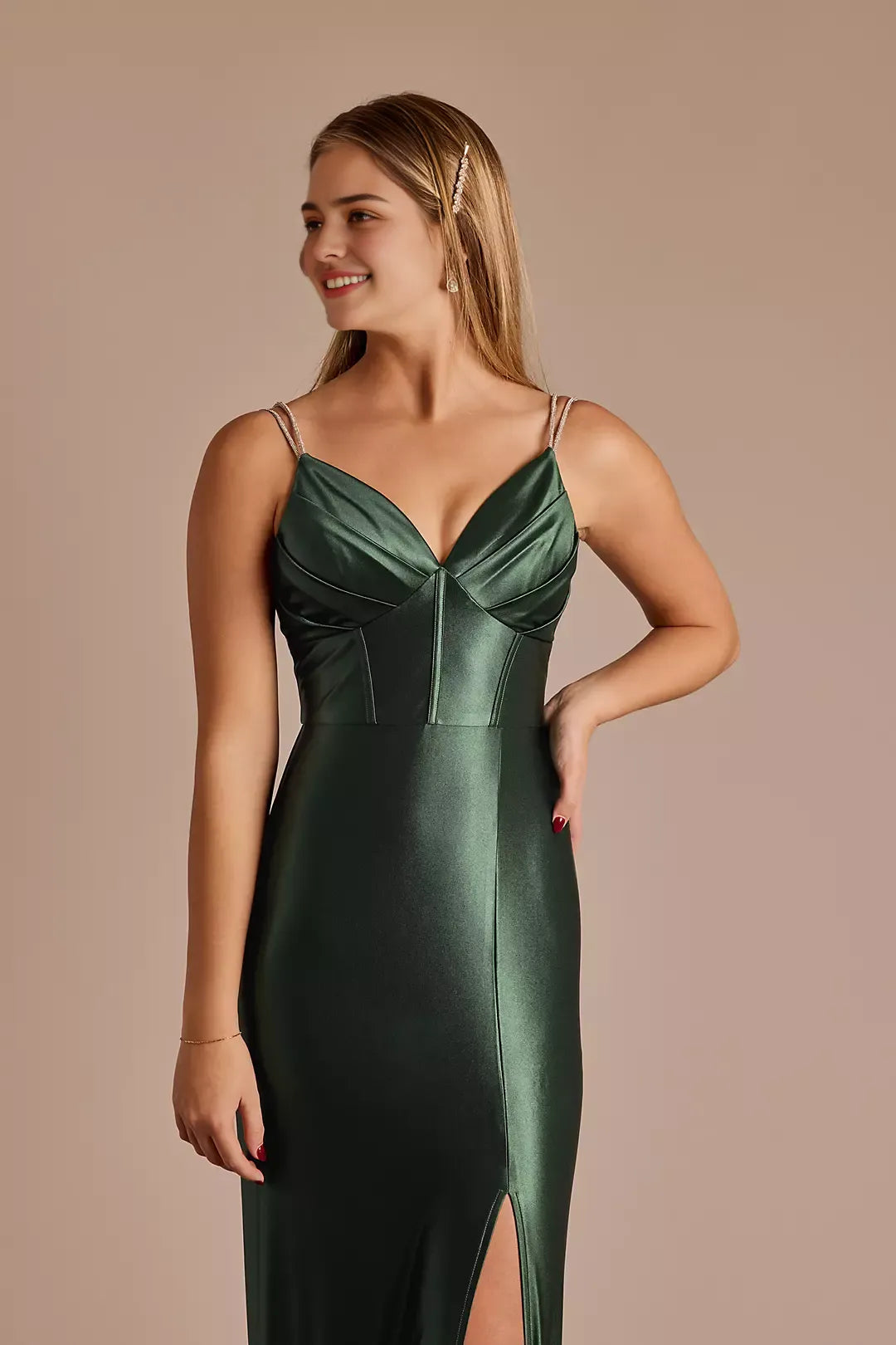 Glamorous Sheath Pleated V-Neck Beaded Strap bodice Back Zip Ankle-Length Side Slit Prom Dresses