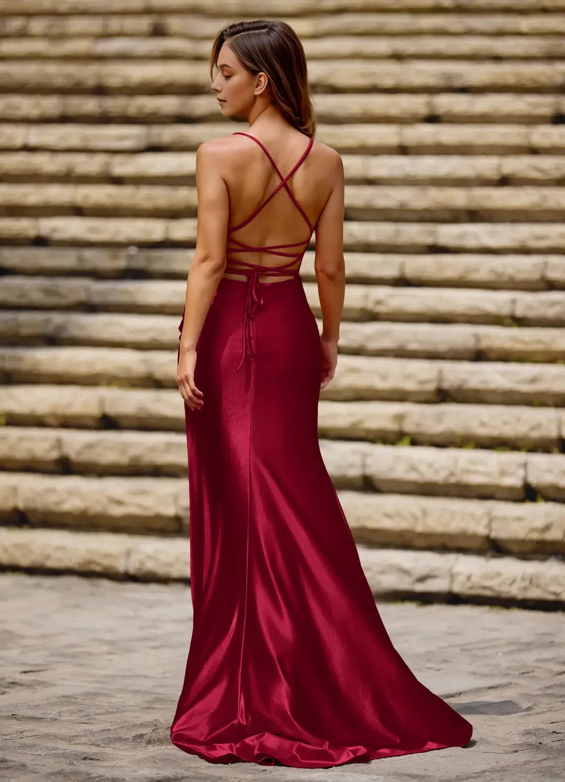 Glamorous Sheath Square Neck Spaghetti Strap CrissCross Back Floor Length Satin Ruched Prom Dresses