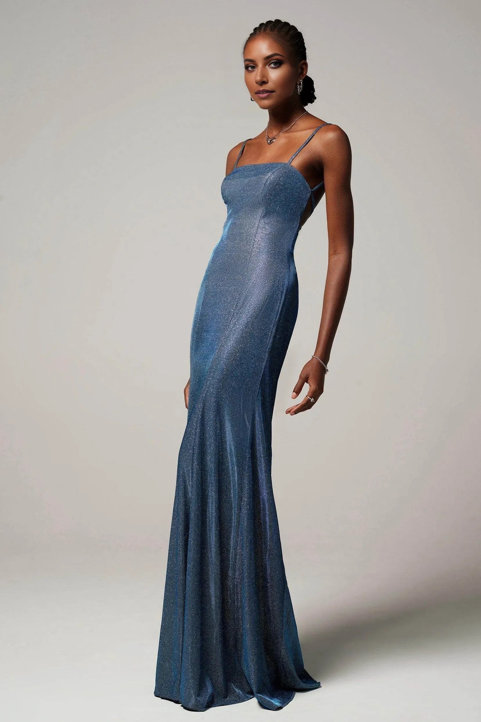 Glamorous Sheath Square Neck Spaghetti Strap Lace-Up Back Floor Length Formal Prom Dresses