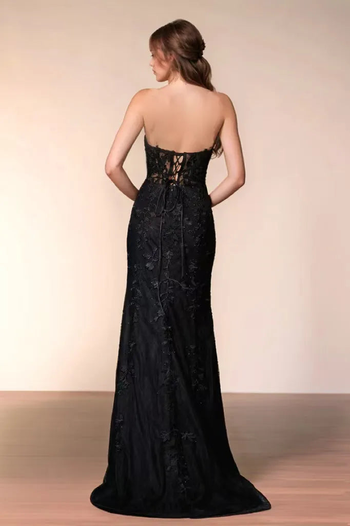 Glamorous Sheath Strapless Sleeveless Appliques Criss Cross Lace-Up Floor-Length High Side Slit Prom Dress