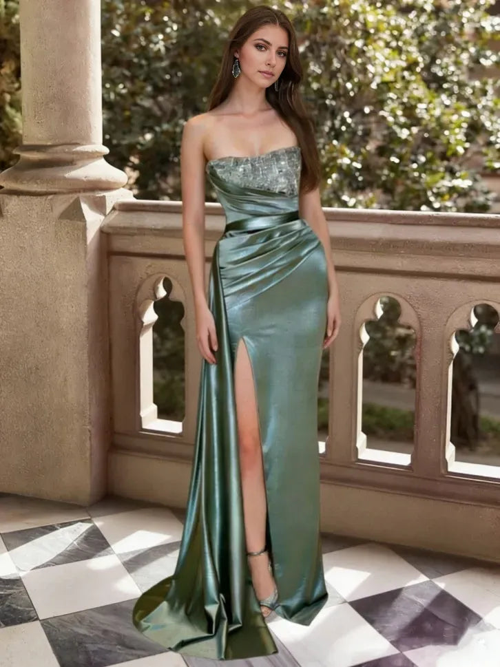Glamorous Sheath Sweetheart Strapless Sequin Bodice Back Zip Floor Length High Slit Prom Dresses