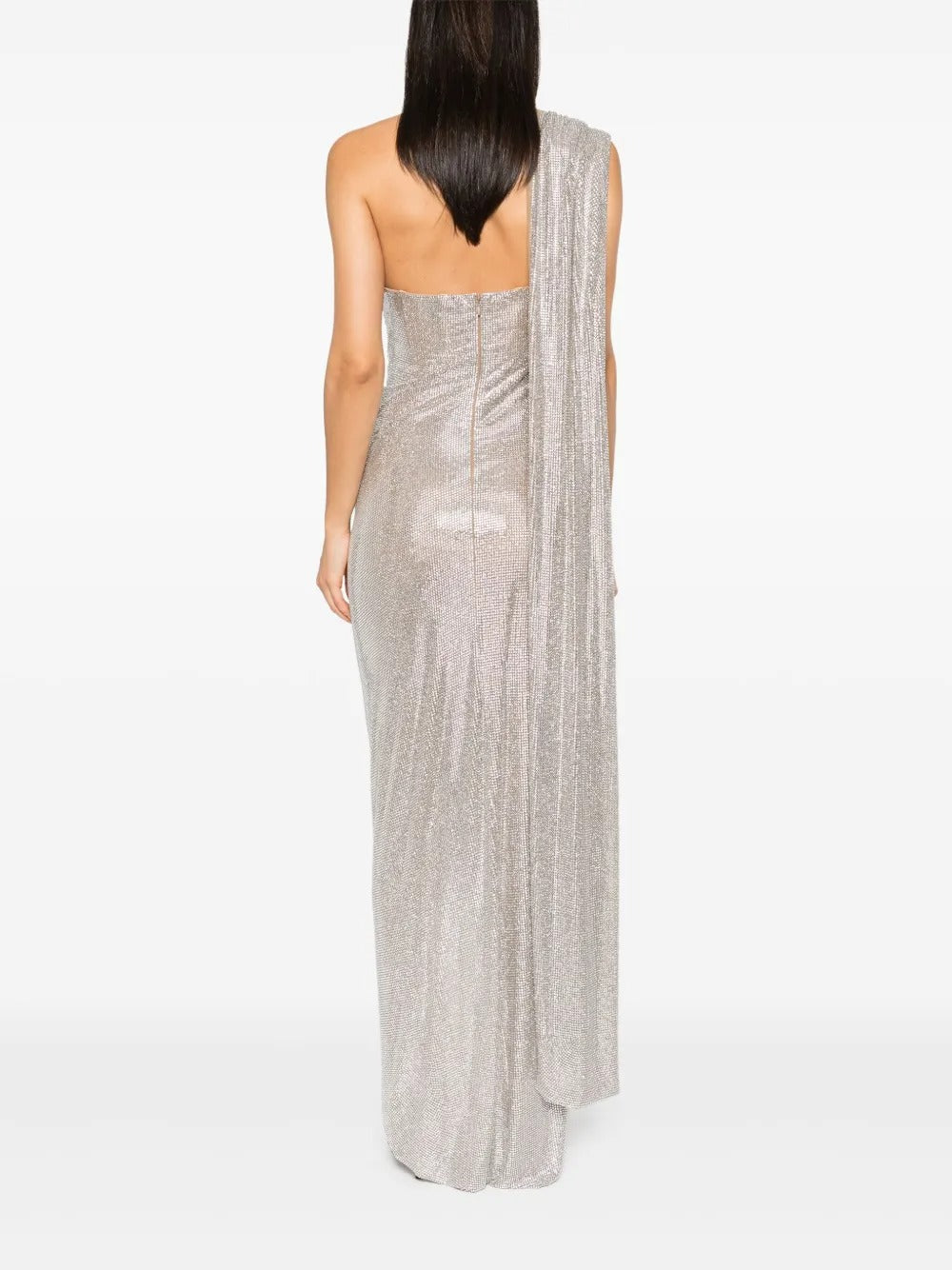 Glamorous Silver Metallic One-Shoulder Draped Evening Dress