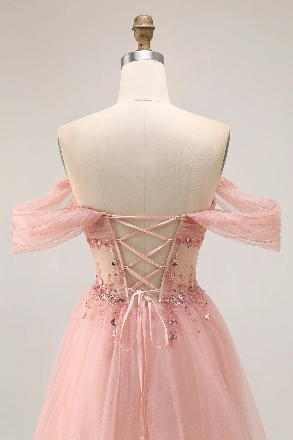 Glamorous Sparkly Blush A-Line Off the Shoulder Puff Sleeve Lace-Up Back Floor-Length Prom Dress with Sequins