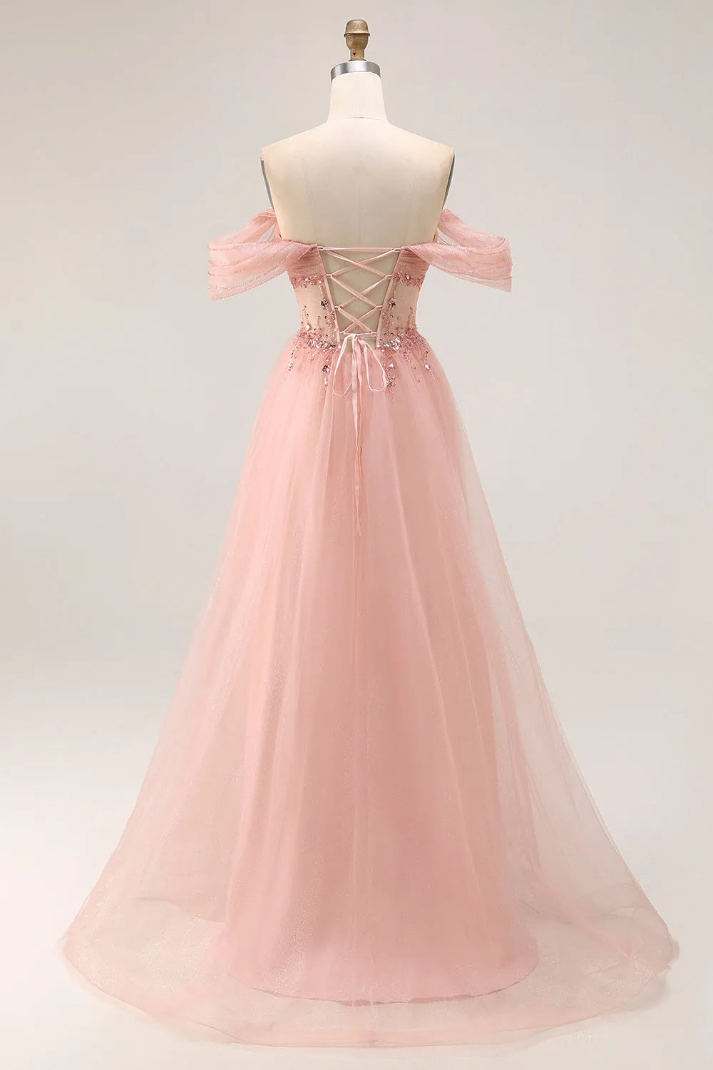 Glamorous Sparkly Blush A-Line Off the Shoulder Puff Sleeve Lace-Up Back Floor-Length Prom Dress with Sequins