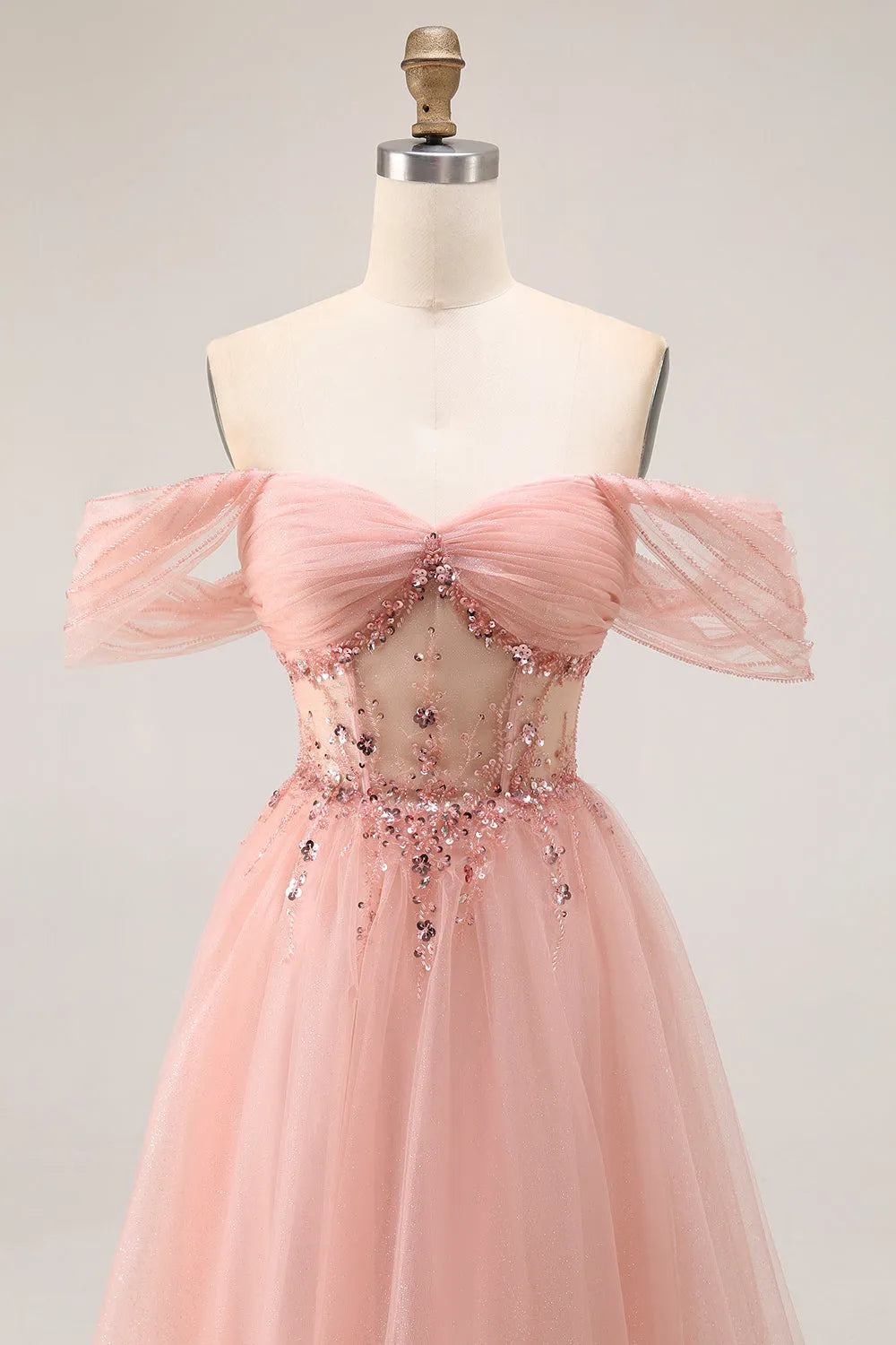 Glamorous Sparkly Blush A-Line Off the Shoulder Puff Sleeve Lace-Up Back Floor-Length Prom Dress with Sequins