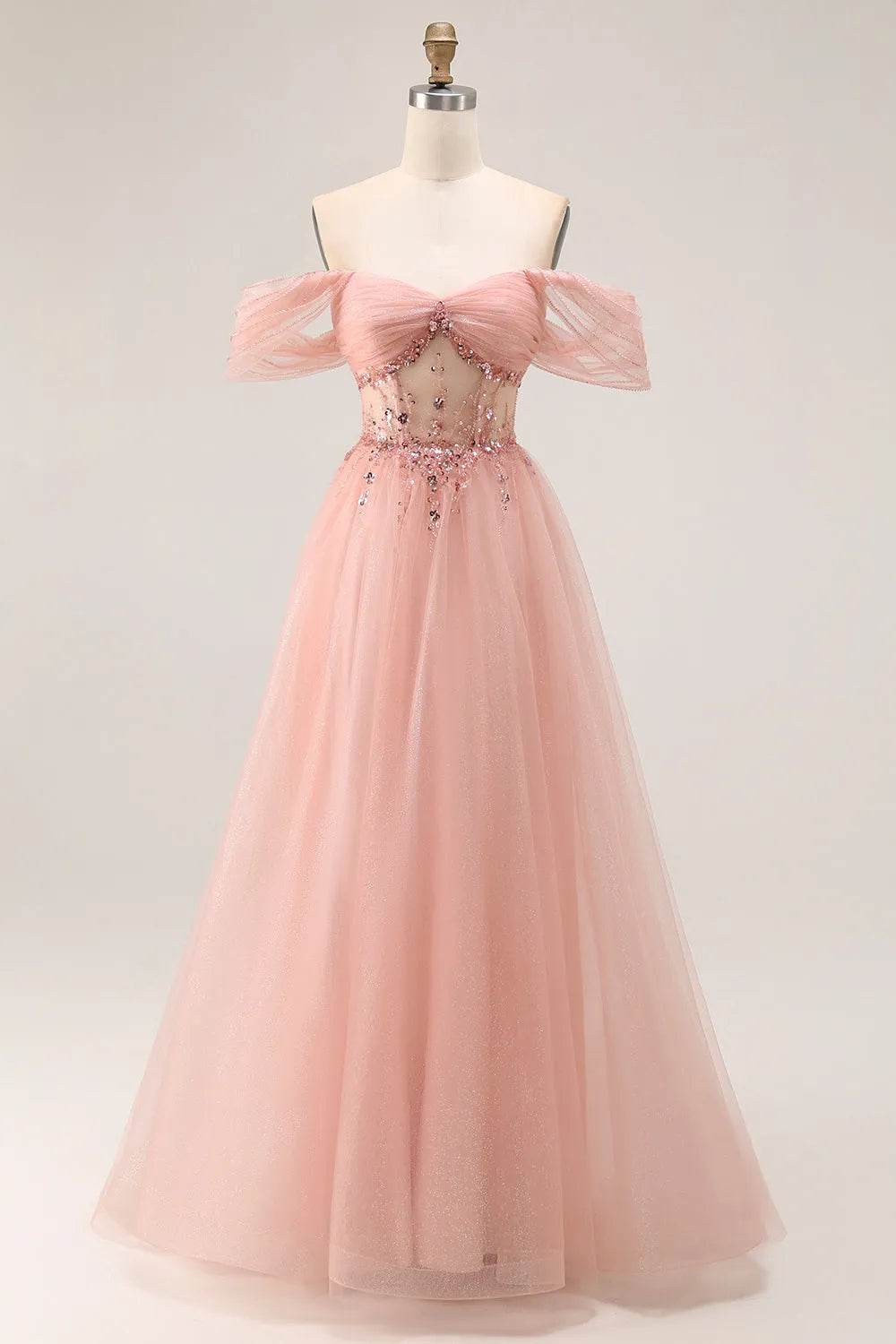 Glamorous Sparkly Blush A-Line Off the Shoulder Puff Sleeve Lace-Up Back Floor-Length Prom Dress with Sequins