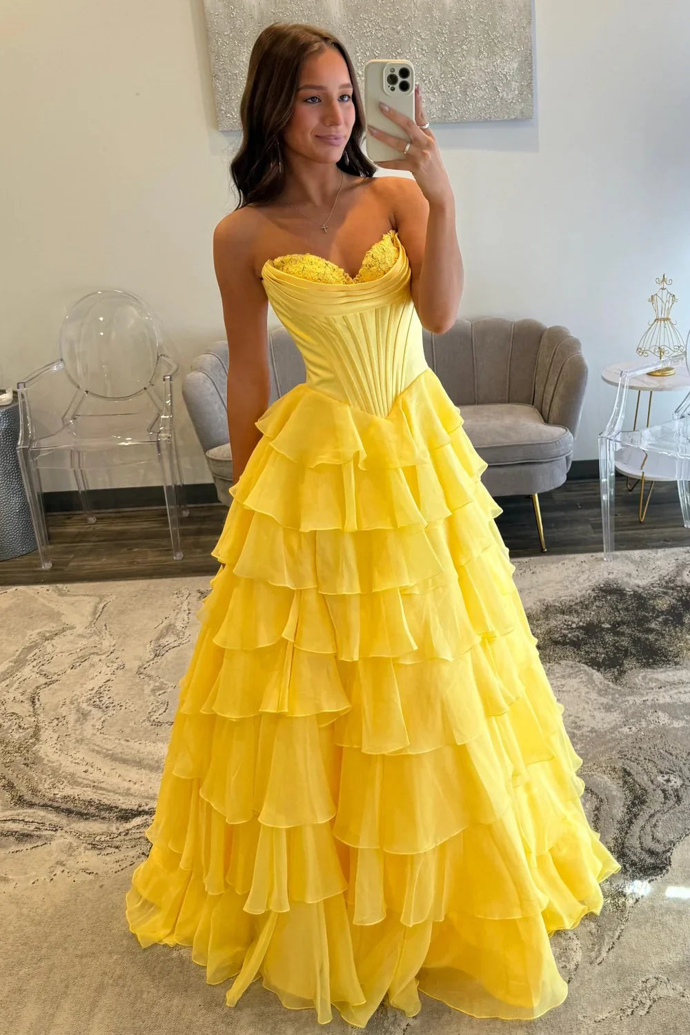 Glamorous Strapless Corset Bodice Lace Trim Tiered Ruffled Chiffon Prom Dress with Open Back
