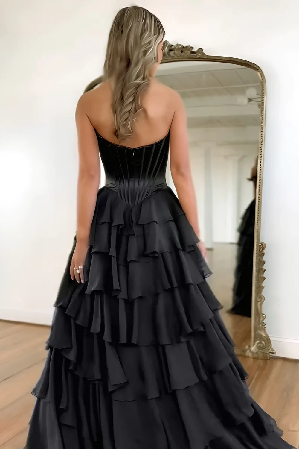 Glamorous Strapless Corset Bodice Lace Trim Tiered Ruffled Chiffon Prom Dress with Open Back