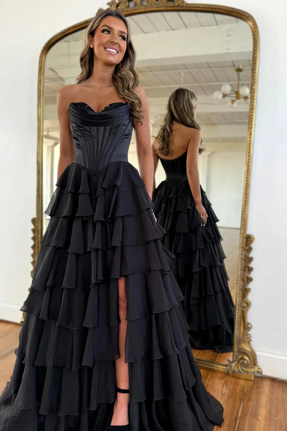 Glamorous Strapless Corset Bodice Lace Trim Tiered Ruffled Chiffon Prom Dress with Open Back