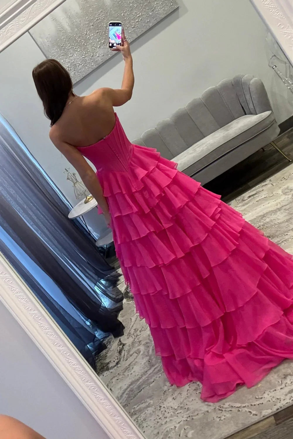 Glamorous Strapless Corset Bodice Lace Trim Tiered Ruffled Chiffon Prom Dress with Open Back
