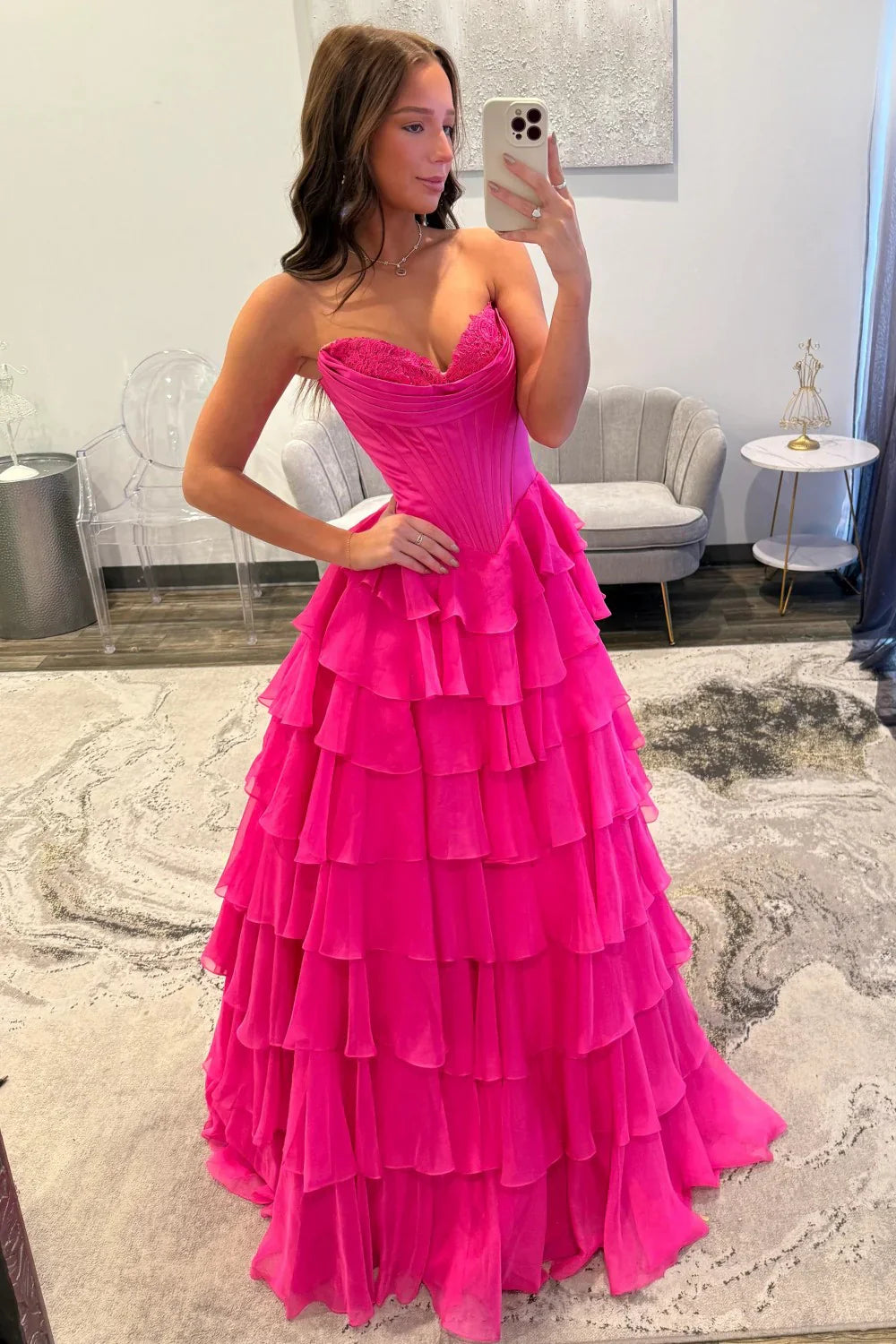 Glamorous Strapless Corset Bodice Lace Trim Tiered Ruffled Chiffon Prom Dress with Open Back