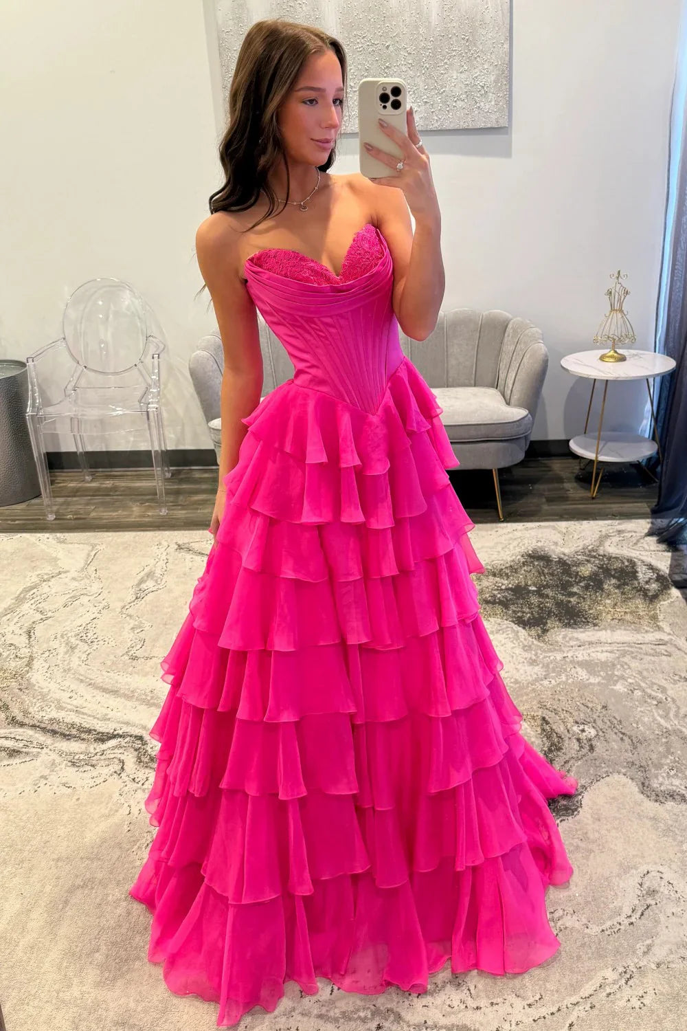 Glamorous Strapless Corset Bodice Lace Trim Tiered Ruffled Chiffon Prom Dress with Open Back