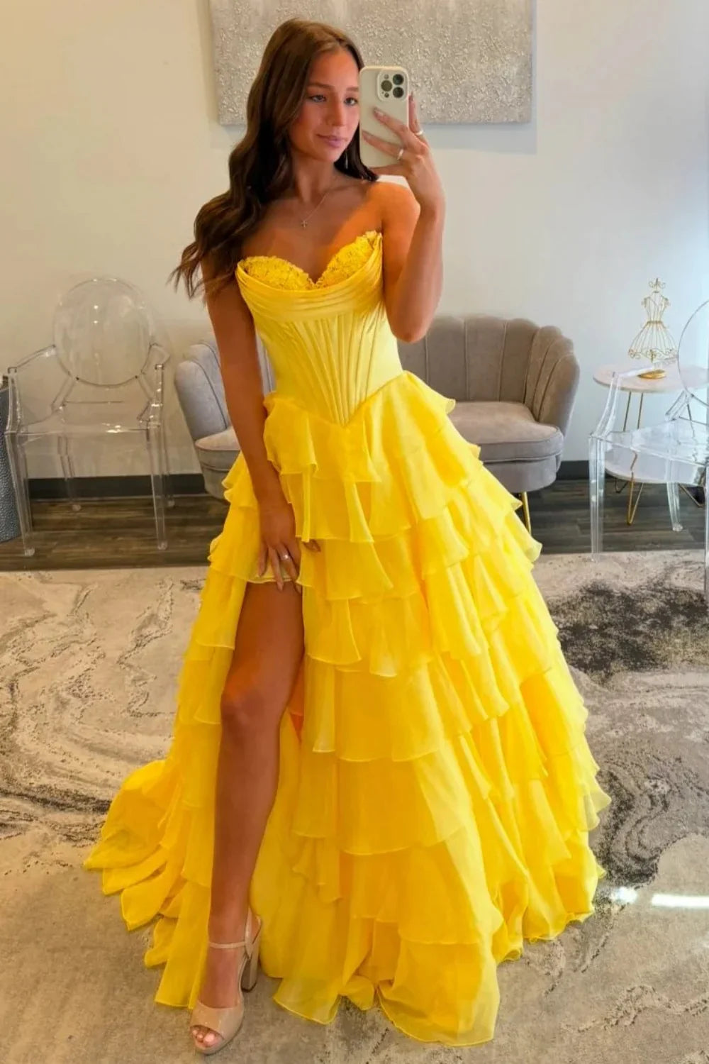 Glamorous Strapless Corset Bodice Lace Trim Tiered Ruffled Chiffon Prom Dress with Open Back