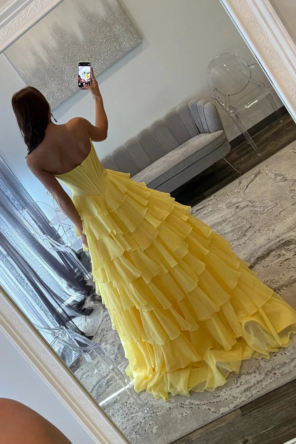 Glamorous Strapless Corset Bodice Lace Trim Tiered Ruffled Chiffon Prom Dress with Open Back