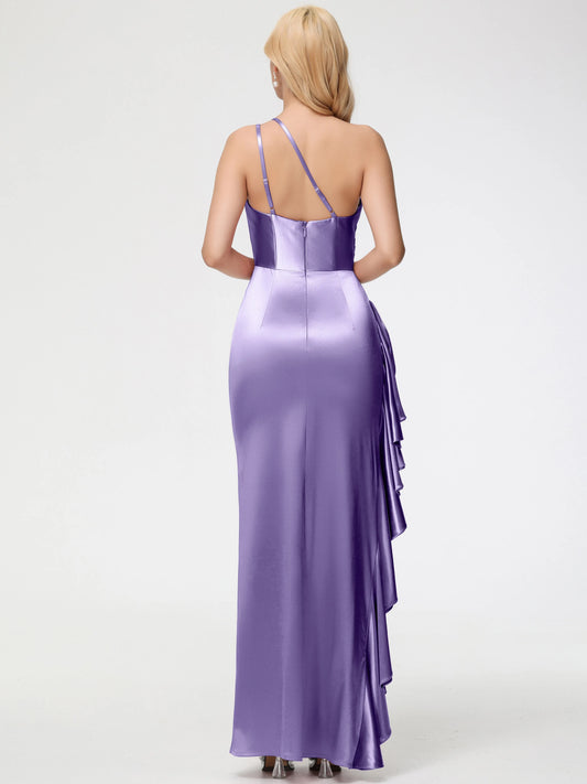 Glamorous Tahiti Satin Prom Dress Mermaid One Shoulder with Ruffled Slit and Ruched Detail hot sale for sale