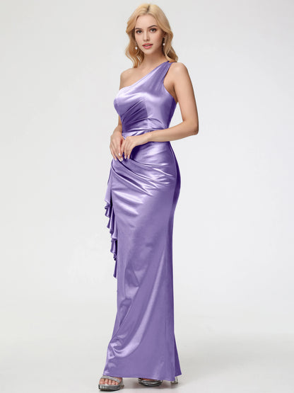 Glamorous Tahiti Satin Prom Dress Mermaid One Shoulder with Ruffled Slit and Ruched Detail hot sale for sale