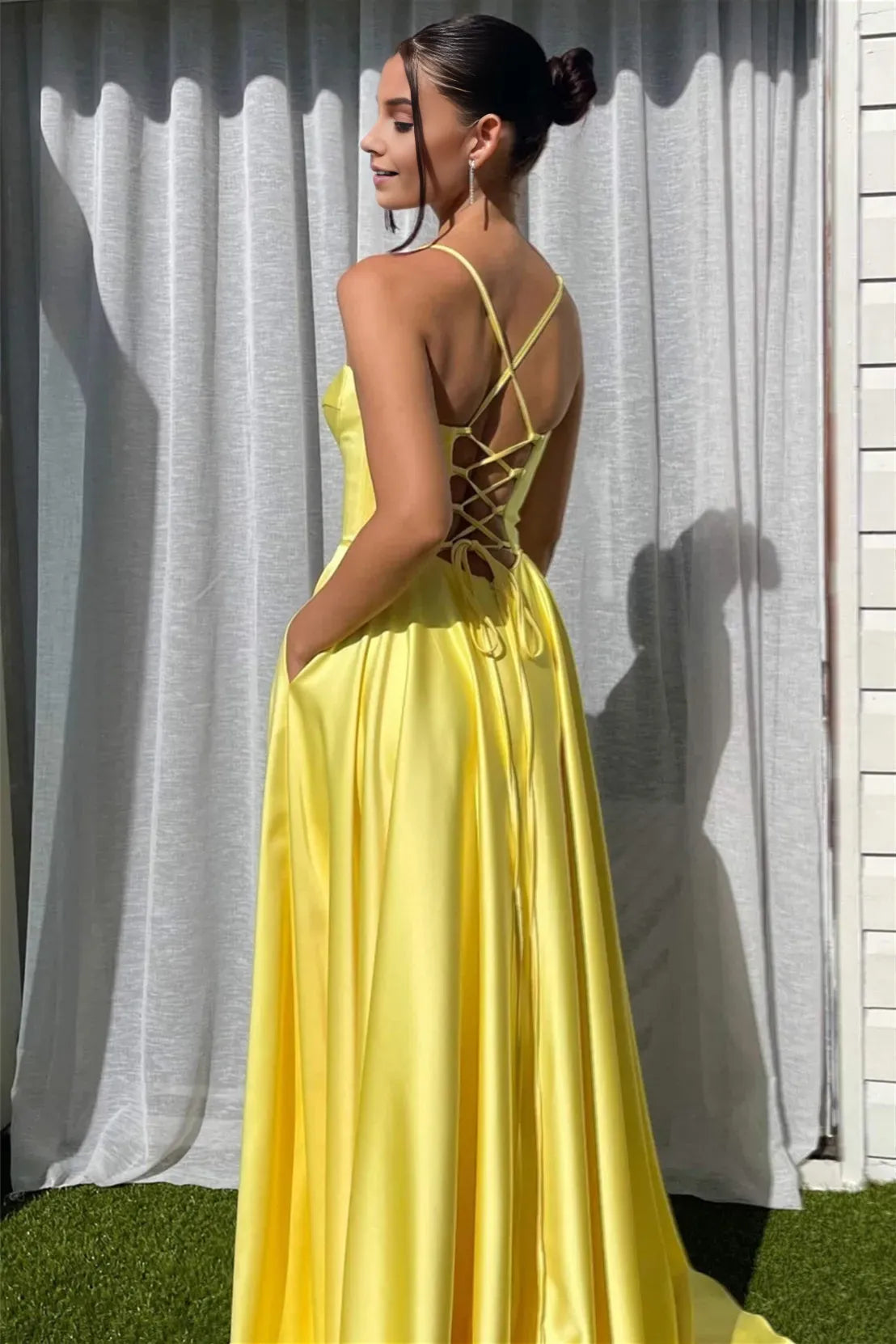 Glamorous Yellow A-Line Plunging V-Neck Spaghetti Strap Lace-Up Floor-Length Prom Dresses with Slit