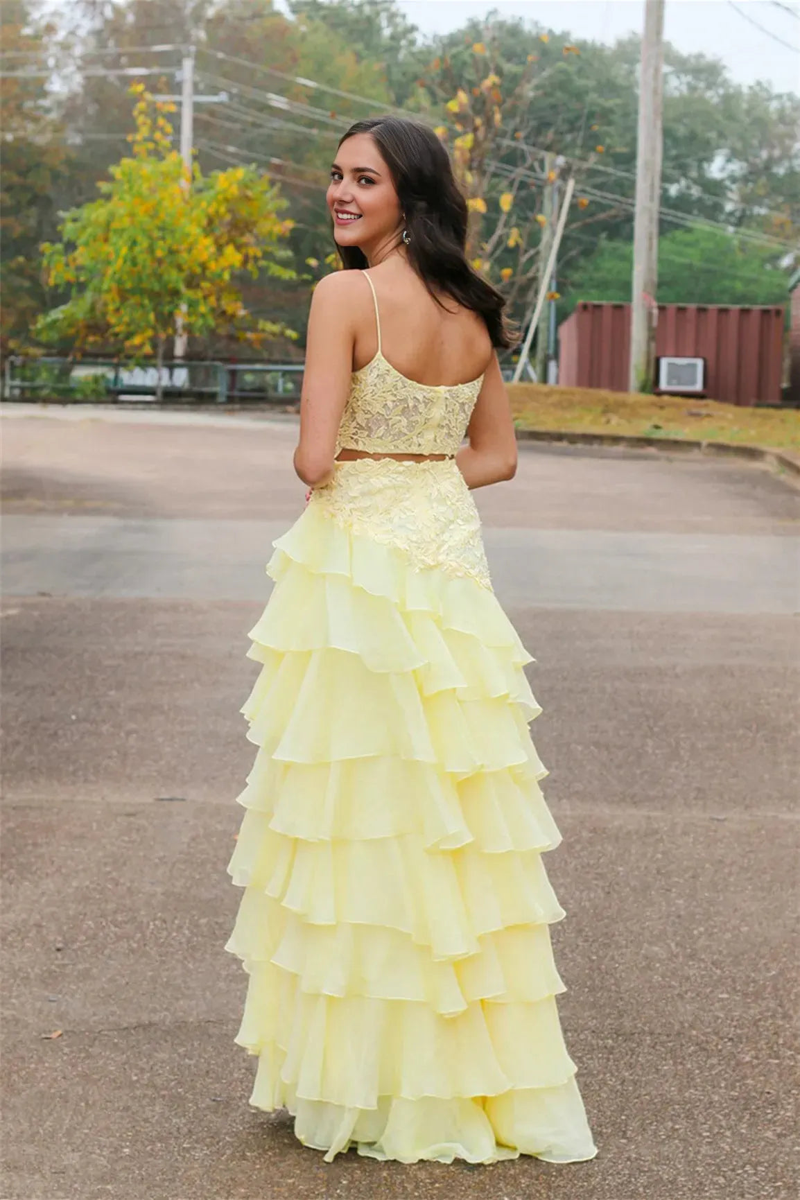 Glamorous Yellow A-line Square Neck Spaghetti Strap Lace Bodice Appliques Tiered Ruffled High-Slit Floor-Length Prom Dresses