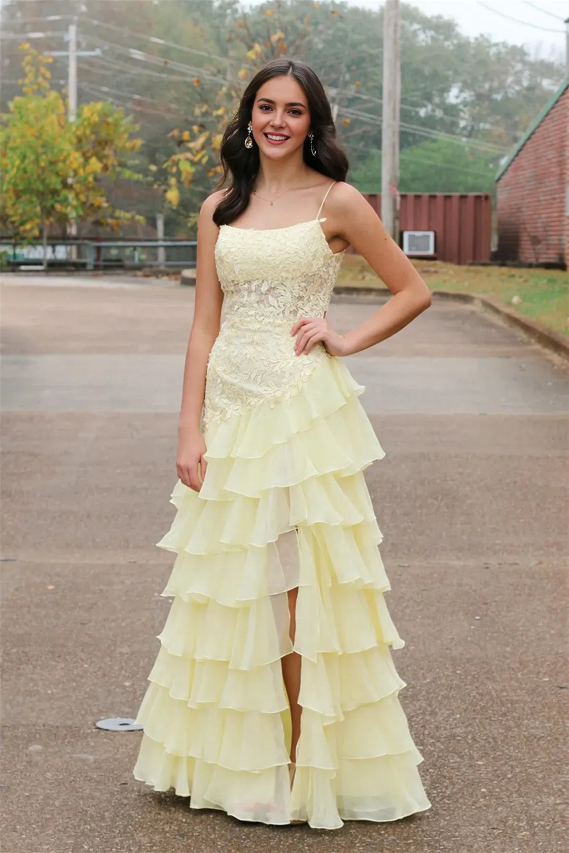 Glamorous Yellow A-line Square Neck Spaghetti Strap Lace Bodice Appliques Tiered Ruffled High-Slit Floor-Length Prom Dresses