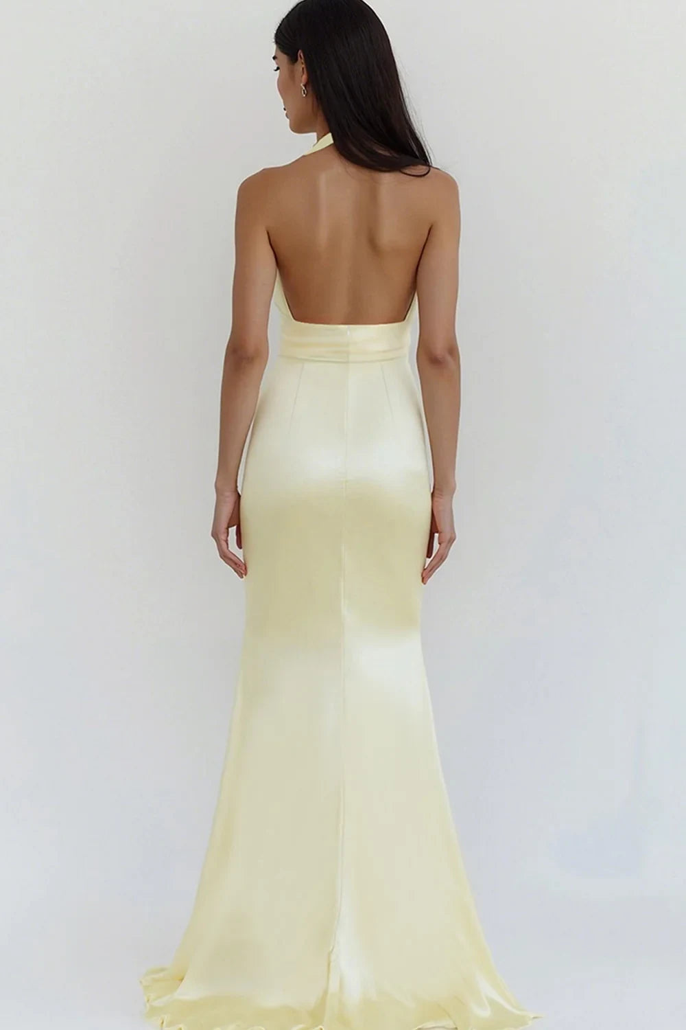 Glamorous A-Line Halter Sleeveless Backless Pale Yellow Floor-Length Prom Gown