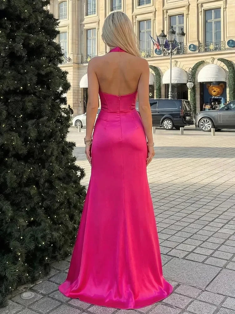 Glamorous A-Line Halter Sweetheart Draped Slit Fuchsia Floor-Length Prom Dresses