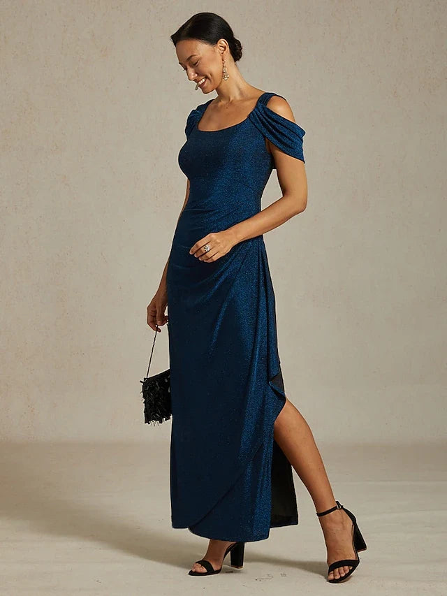 Glamorous A-Line Off-Shoulder Ruched Side-Slit Teal Floor-Length Prom Dress