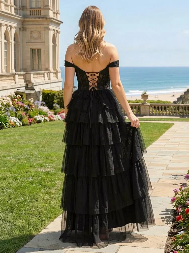 Glamorous A-Line Off-Shoulder Tiered Ruffle Black Floor-Length Prom Dress Gown