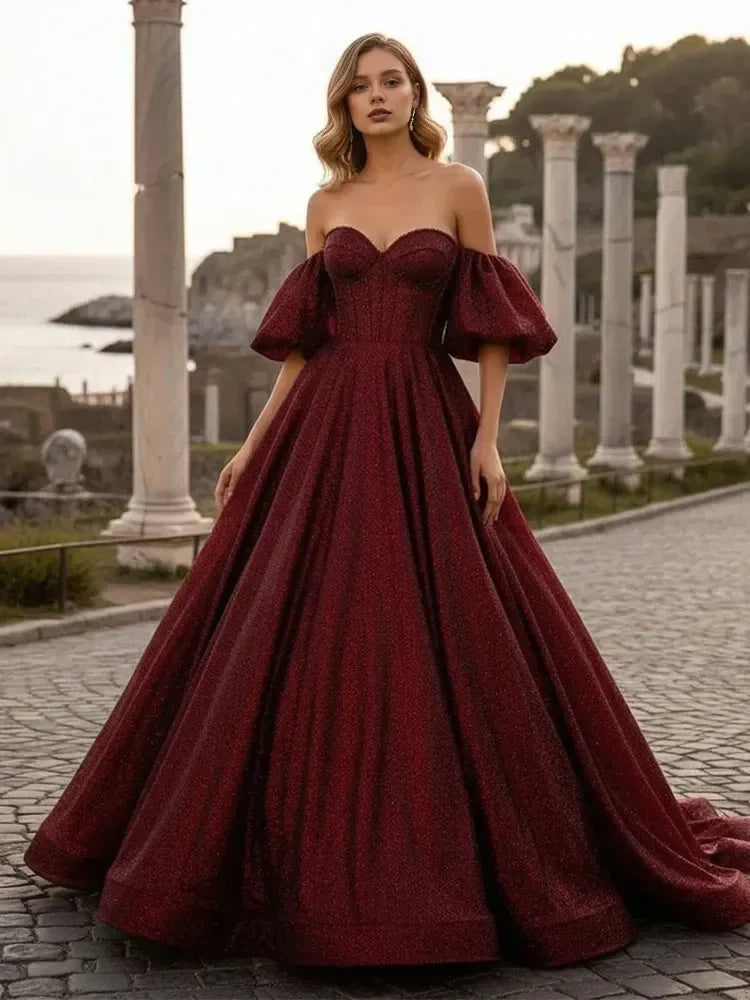 Glamorous A-Line Sweetheart Off-Shoulder Glittering Regal Burgundy Floor-Length Prom Dresses Gown