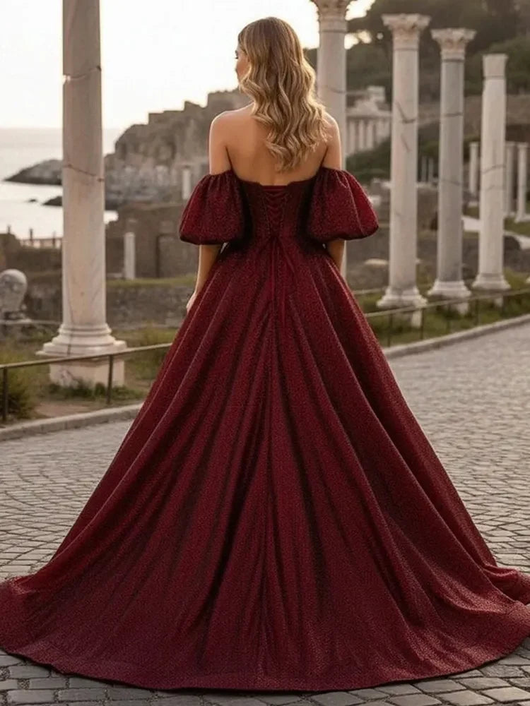 Glamorous A-Line Sweetheart Off-Shoulder Glittering Regal Burgundy Floor-Length Prom Dresses Gown