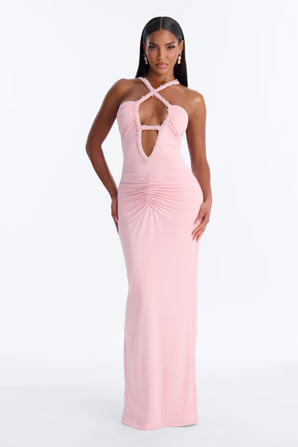 Glamorous Bodycon Halter Beaded Ruched Light Pink Floor-Length Prom Dress Women's Gown