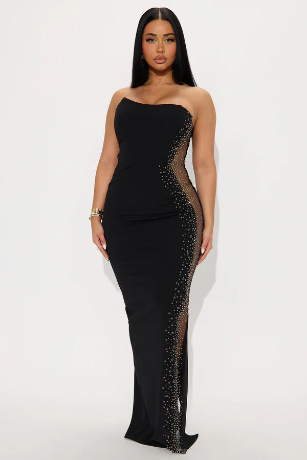 Glamorous Bodycon Strapless Sequin Mesh Black Floor-Length Prom Dresses Women's Gown
