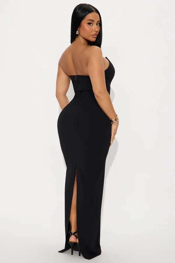 Glamorous Bodycon Strapless Sequin Mesh Black Floor-Length Prom Dresses Women's Gown