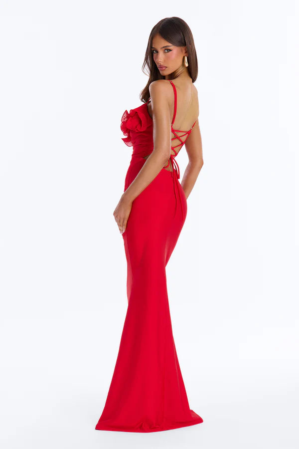 Glamorous Fitted Ruffled V-Neck Spaghetti Strap Ruched Red Floor-Length Prom Dresses Gown