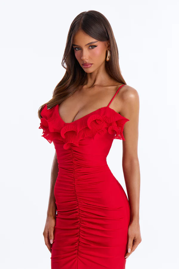 Glamorous Fitted Ruffled V-Neck Spaghetti Strap Ruched Red Floor-Length Prom Dresses Gown