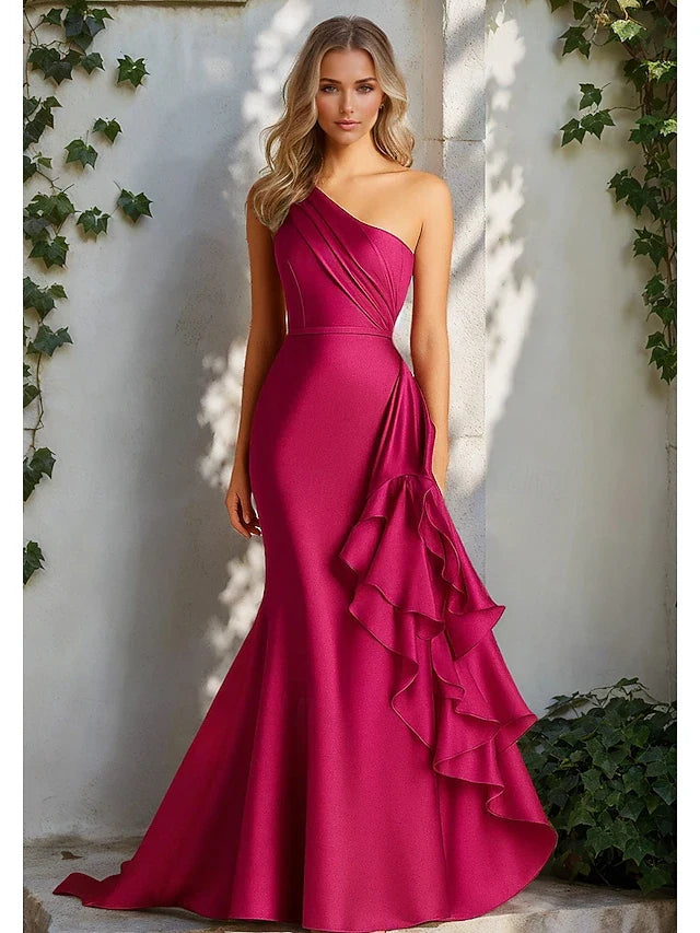 Glamorous Mermaid One-Shoulder Draped Ruffled Fuchsia Floor-Length Prom Dress Gown