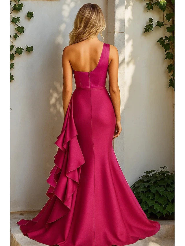 Glamorous Mermaid One-Shoulder Draped Ruffled Fuchsia Floor-Length Prom Dress Gown