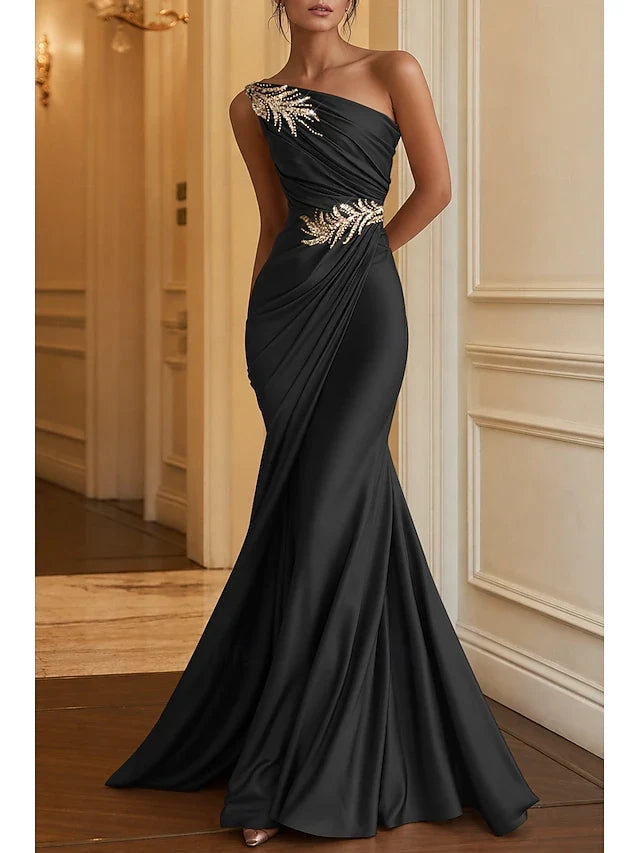 Glamorous Mermaid One-Shoulder Sleeveless Ruched Embellished Black Long Prom Dress Gown