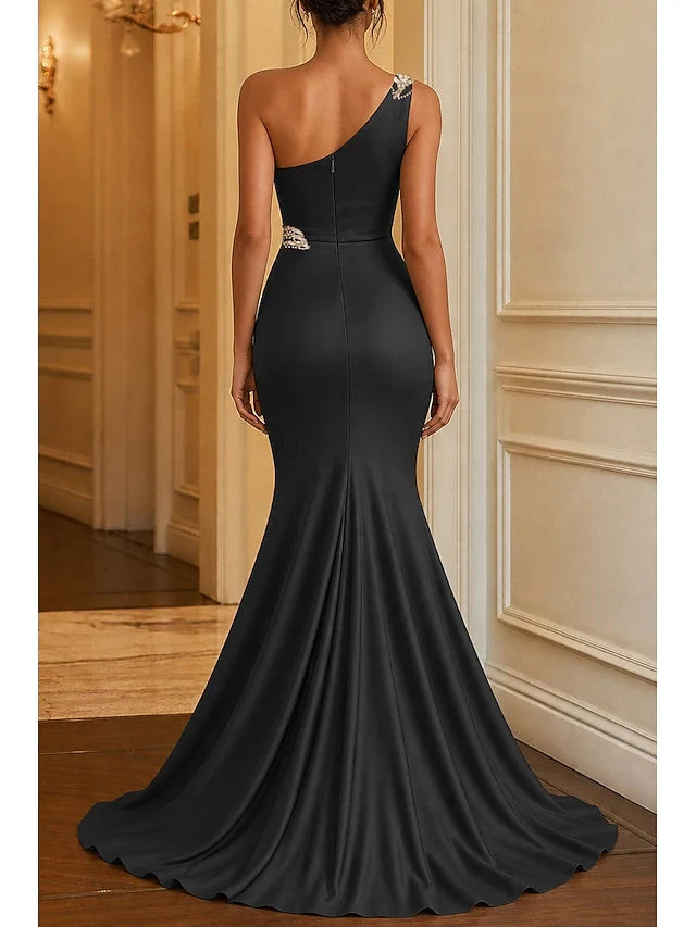 Glamorous Mermaid One-Shoulder Sleeveless Ruched Embellished Black Long Prom Dress Gown