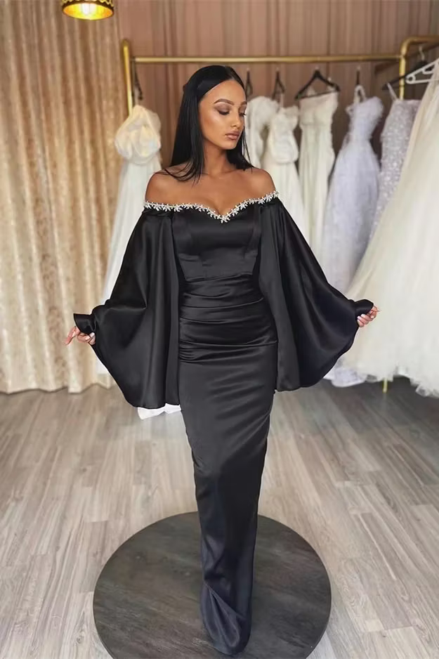 Glamorous Mermaid Sweetheart Off-Shoulder Long Sleeves Black Floor-Length Prom Dress