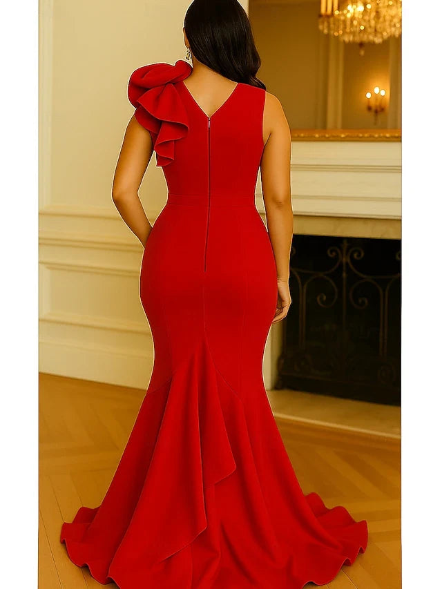Glamorous Mermaid V-Neck Sleeveless Ruffled Red Floor-Length Prom Dresses Gown