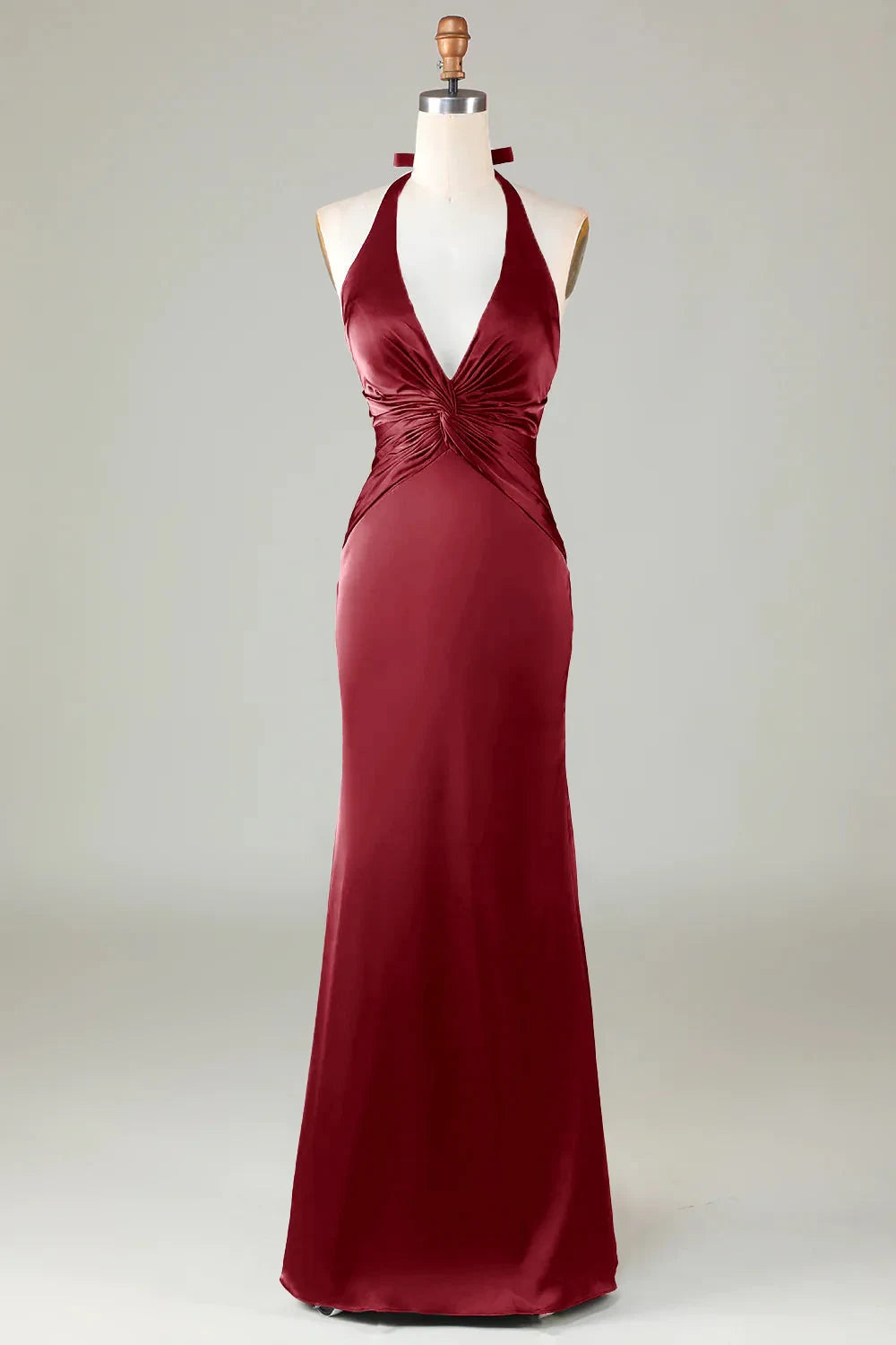 Glamorous Sheath Halter Sleeveless Ruched Burgundy Floor-Length Homecoming Dress