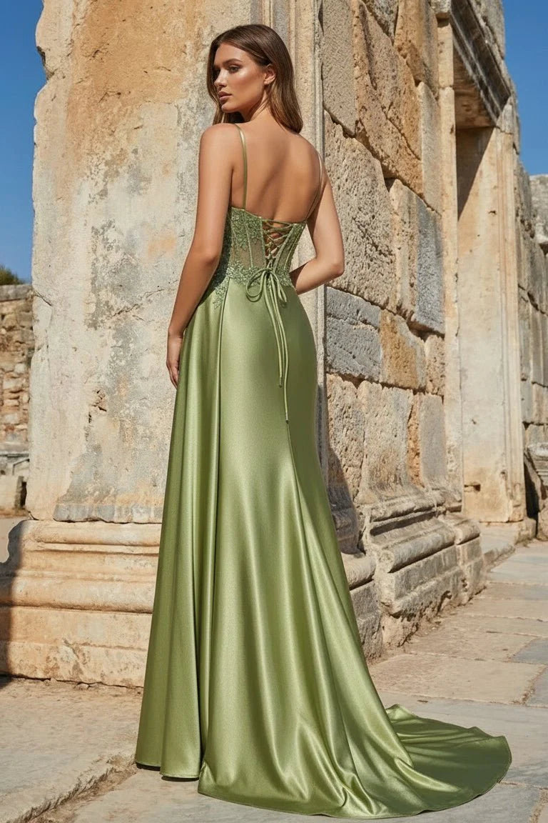 Glamorous corset beaded Sleeveless satin high-slit Sequins mermaid prom dress