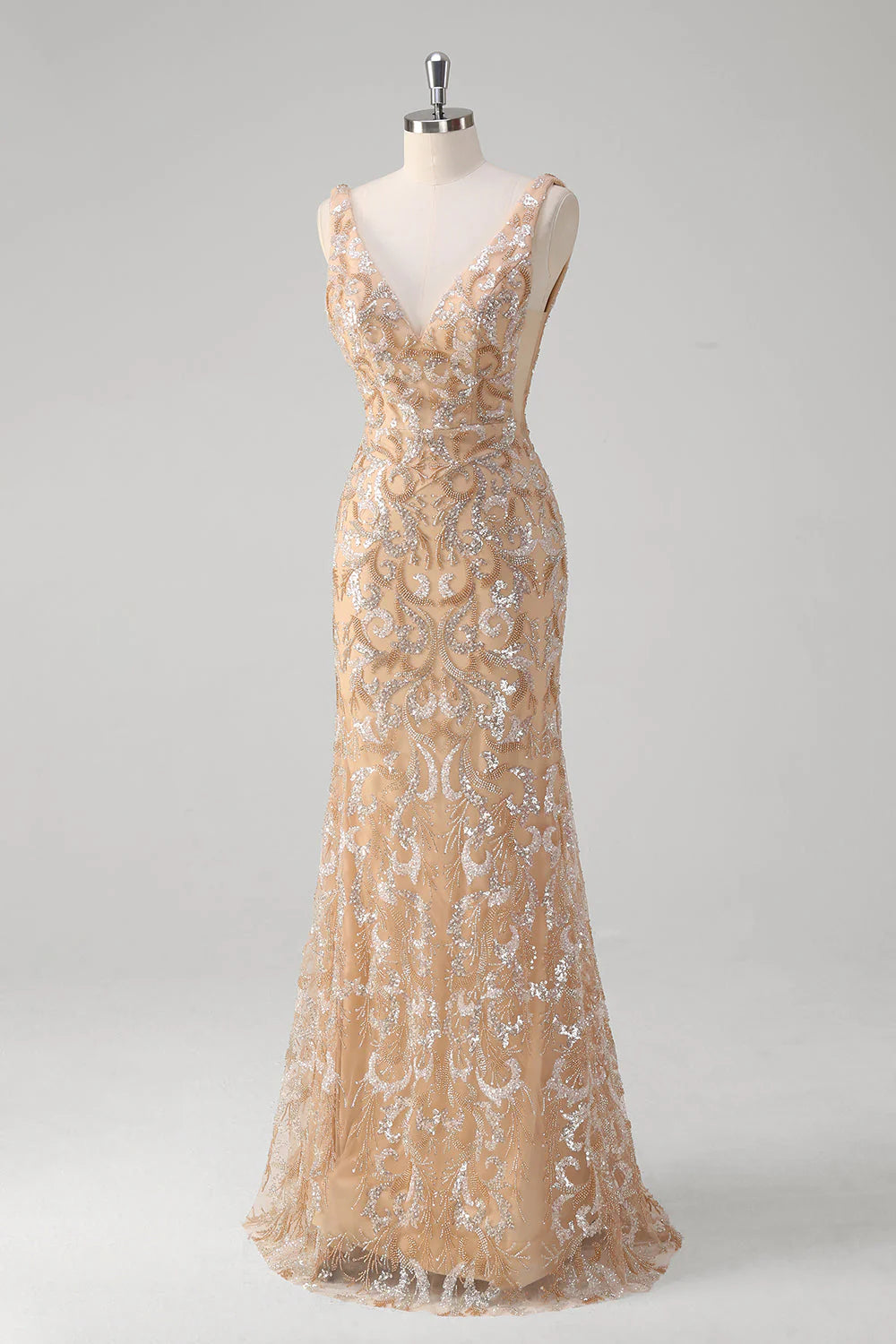 Glitter Champagne Mermaid V-Neck Sequin Long Prom Dress with Beading
