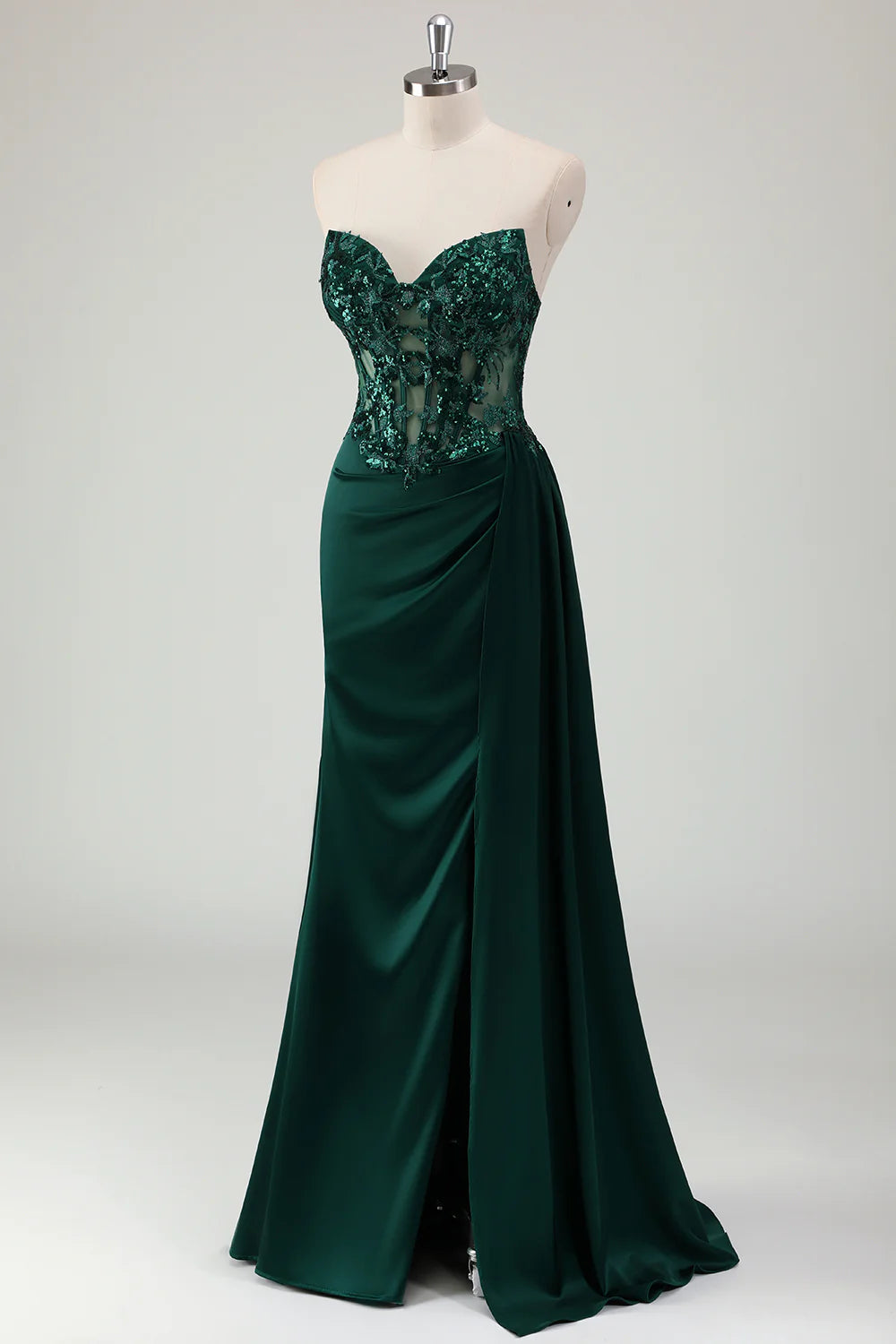 Glitter Dark Green Mermaid Strapless Pleated Corset Long Prom Dress with Slit