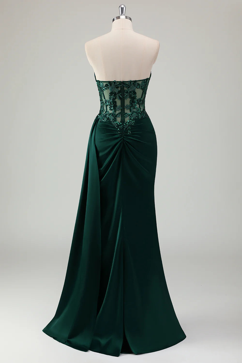 Glitter Dark Green Mermaid Strapless Pleated Corset Long Prom Dress with Slit