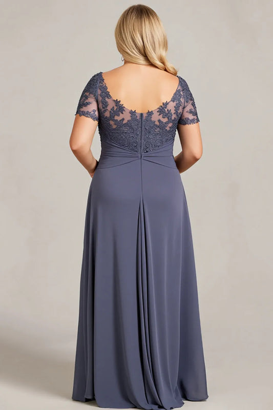 Glitter Grey  A-Line Illusion Neck Lace Beaded Half Sleeve Zip-Back Ankle-Length Mother of the Bride Dress