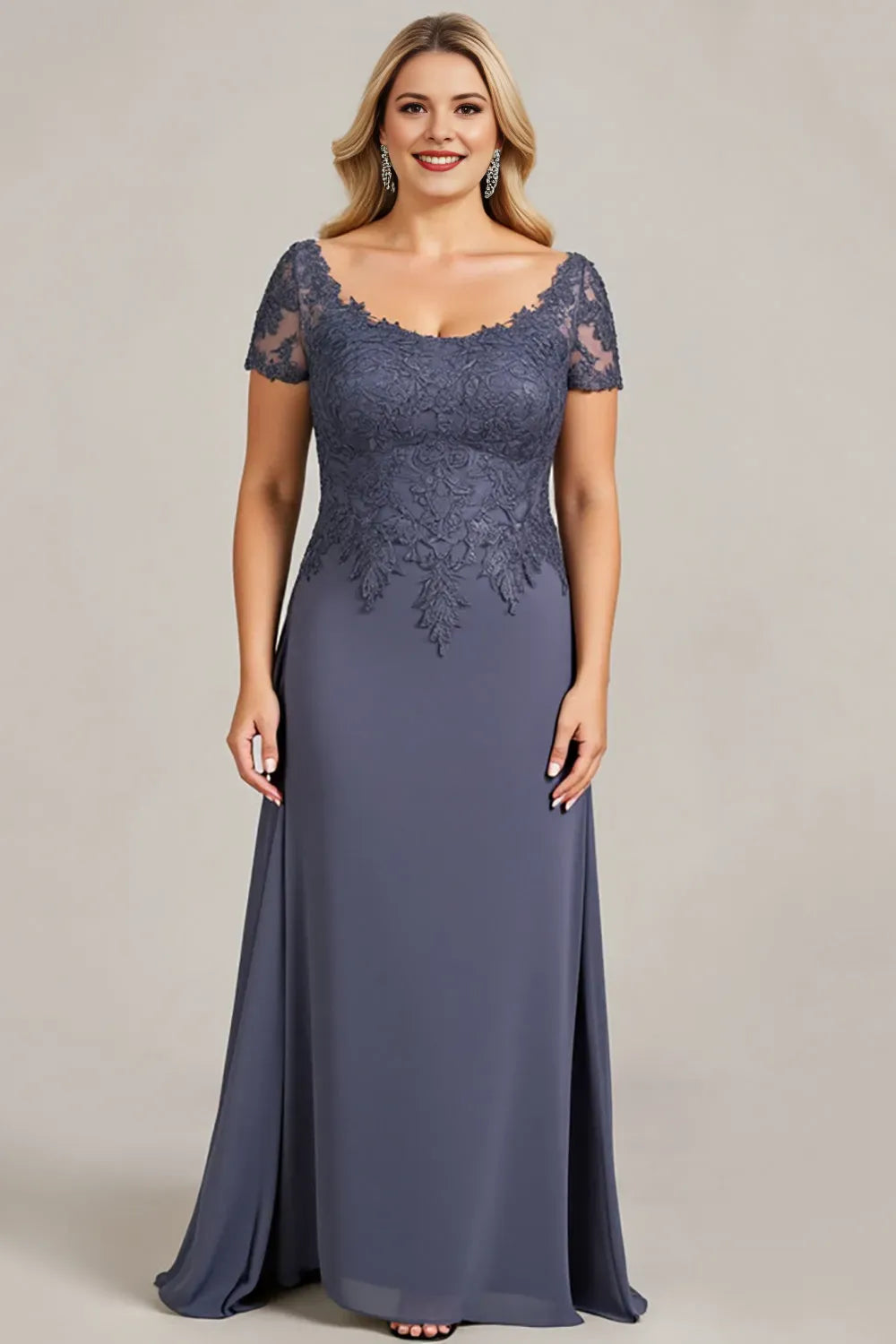 Glitter Grey  A-Line Illusion Neck Lace Beaded Half Sleeve Zip-Back Ankle-Length Mother of the Bride Dress