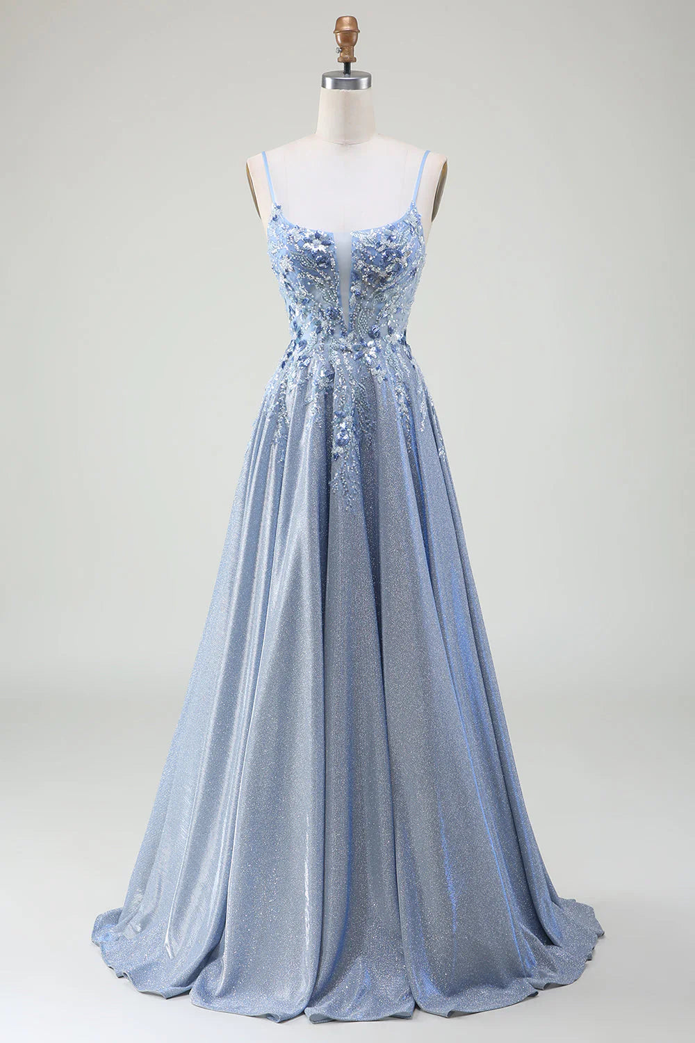 Glitter Grey Blue A-Line Spaghetti Straps Long Prom Dress With Sequins