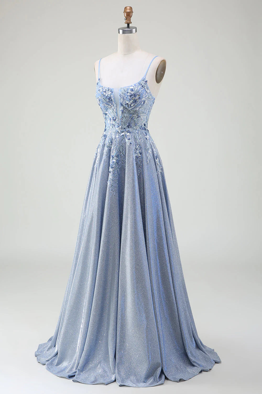 Glitter Grey Blue A-Line Spaghetti Straps Long Prom Dress With Sequins